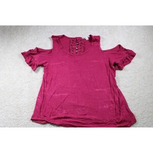 Moral Fiber Shirt Womens Medium Red Cold Shoulder Lace Up Boho Short Sleeve Top